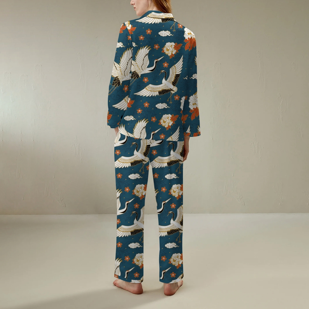 Japanese retro flying crane comfortable long sleeved shirt pajama set