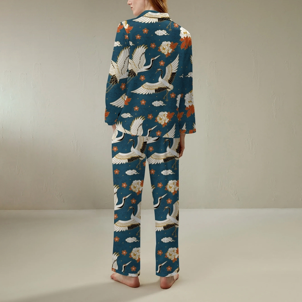 Japanese retro flying crane comfortable long sleeved shirt pajama set