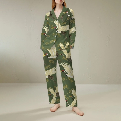 Japanese style flying crane retro comfortable long sleeved shirt pajama set