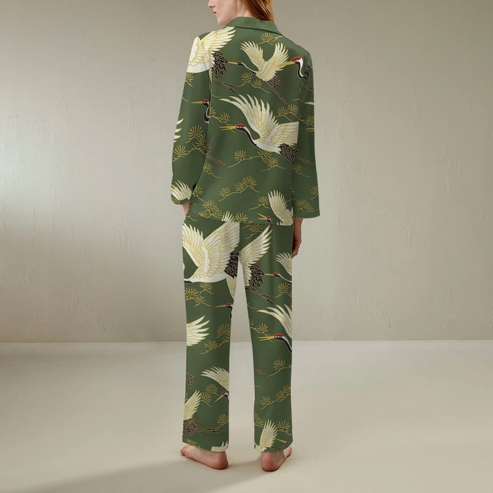 Japanese style flying crane retro comfortable long sleeved shirt pajama set