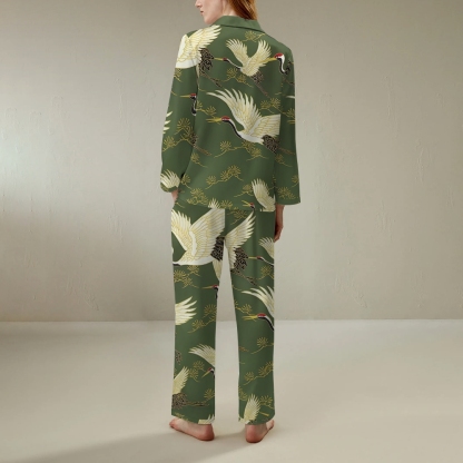 Japanese style flying crane retro comfortable long sleeved shirt pajama set