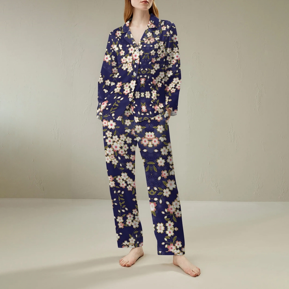 Fashionable floral comfortable long sleeved shirt pajama set