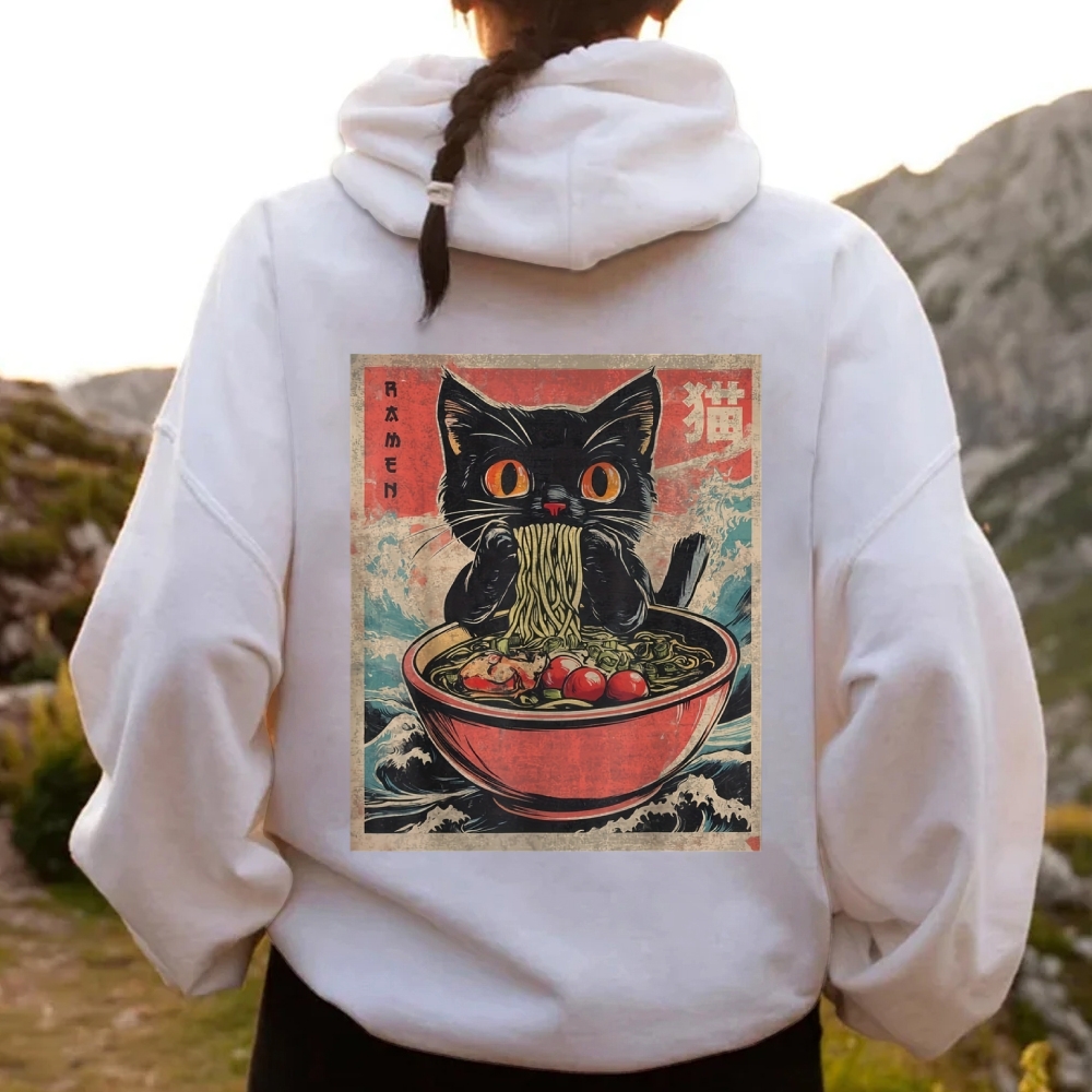 Ramen Cat Printed Back Cotton Hoodie