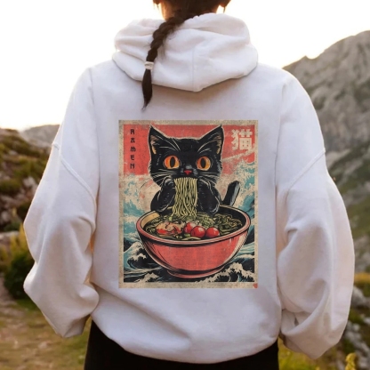 Ramen Cat Printed Back Cotton Hoodie