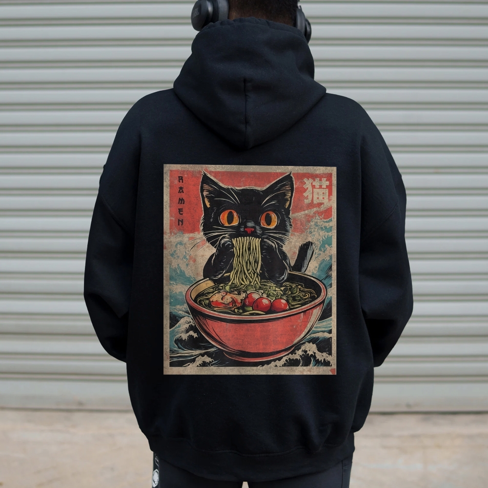 Ramen Cat Printed Back Cotton Hoodie