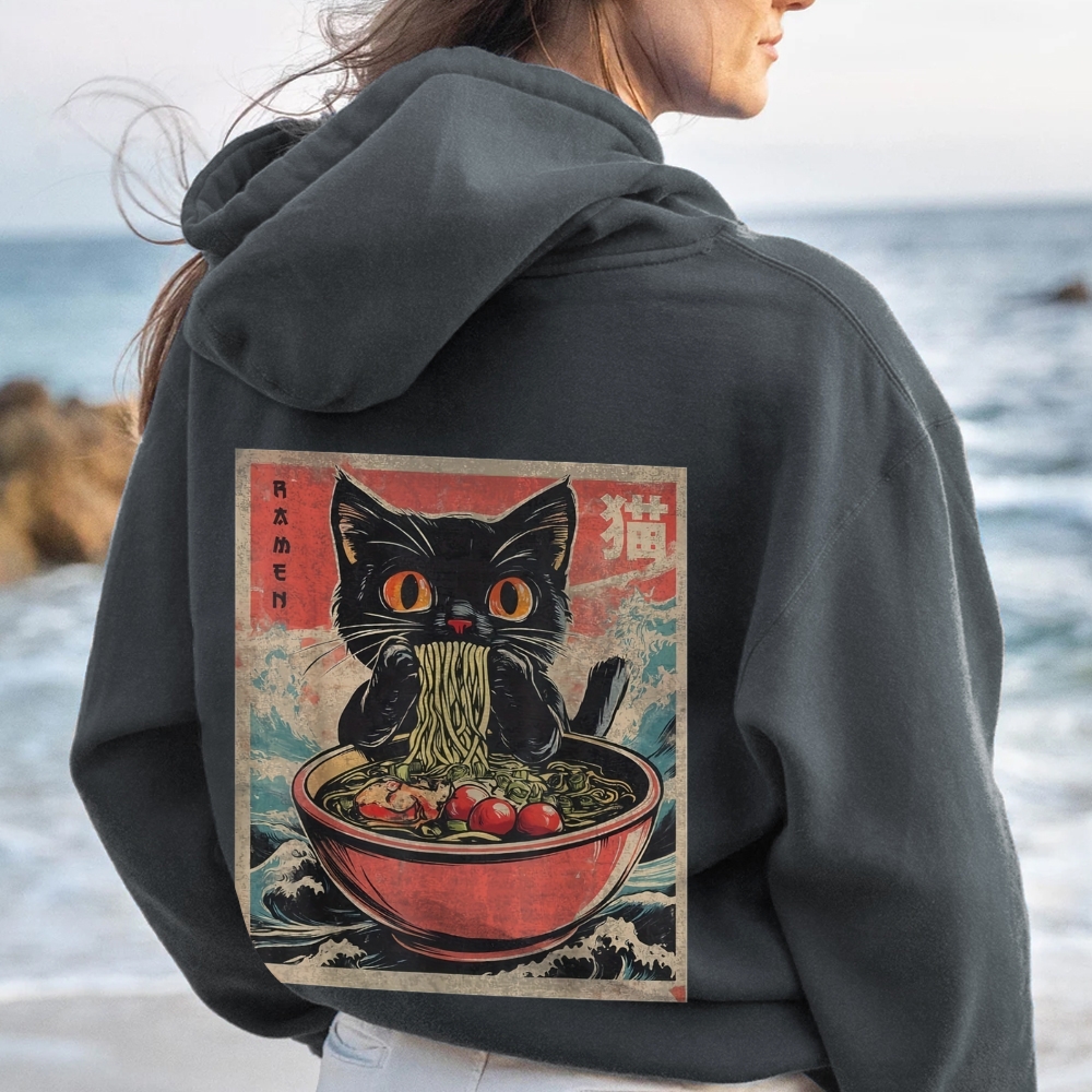 Ramen Cat Printed Back Cotton Hoodie