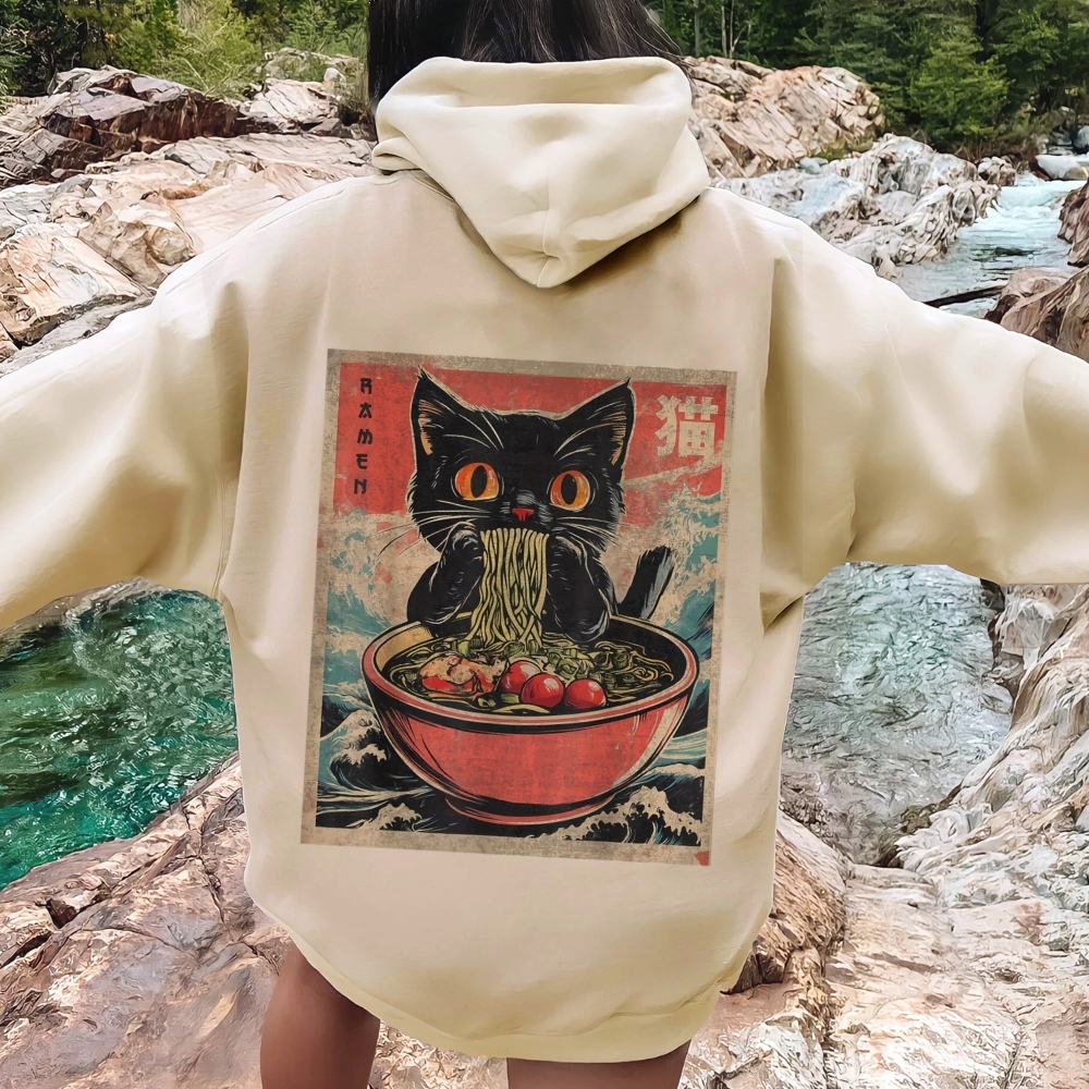 Ramen Cat Printed Back Cotton Hoodie