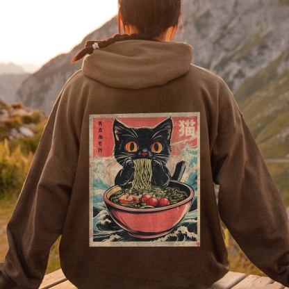 Ramen Cat Printed Back Cotton Hoodie