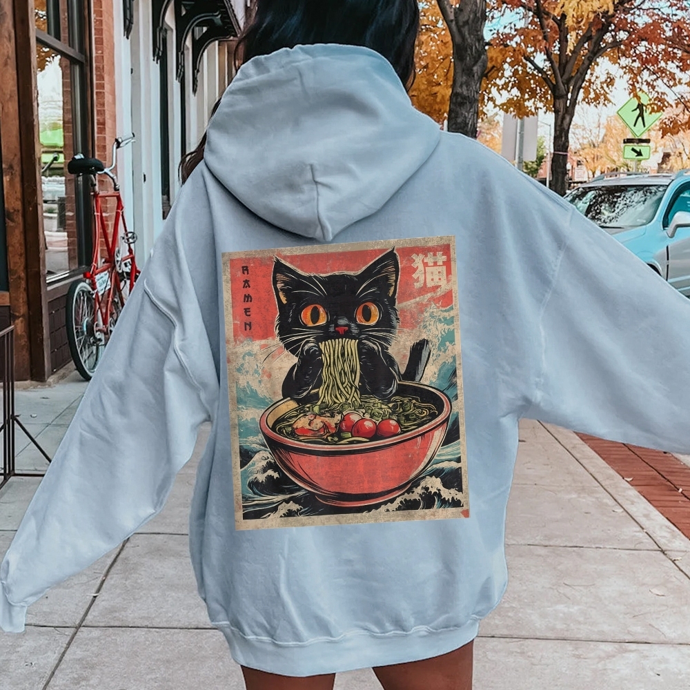 Ramen Cat Printed Back Cotton Hoodie