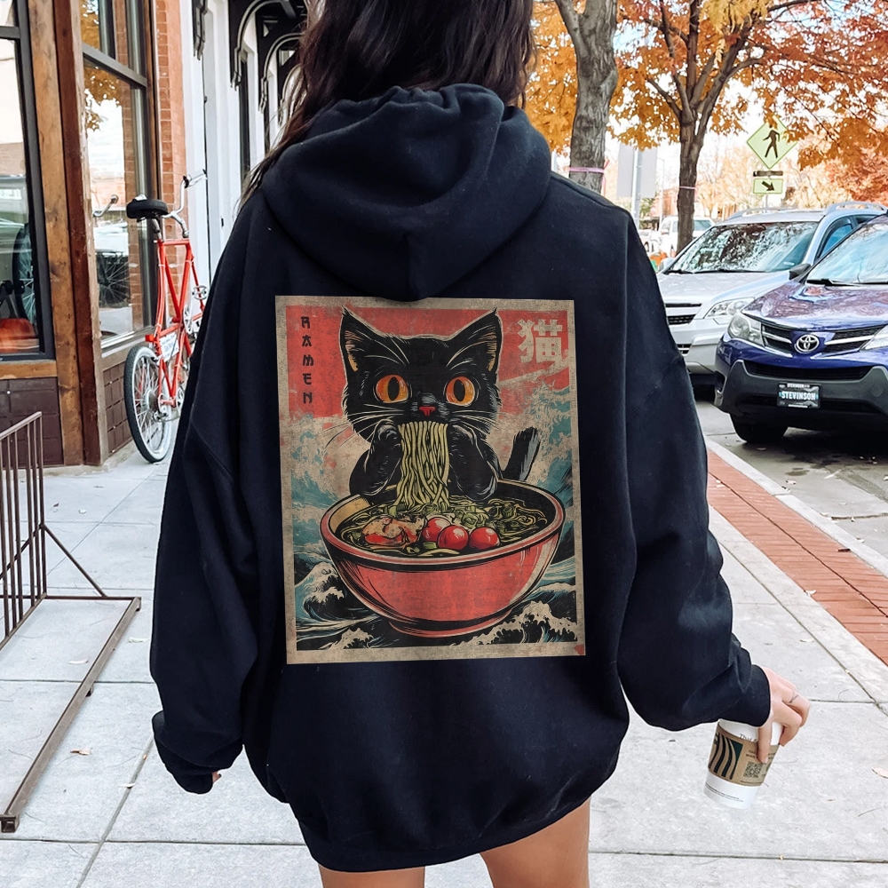 Ramen Cat Printed Back Cotton Hoodie