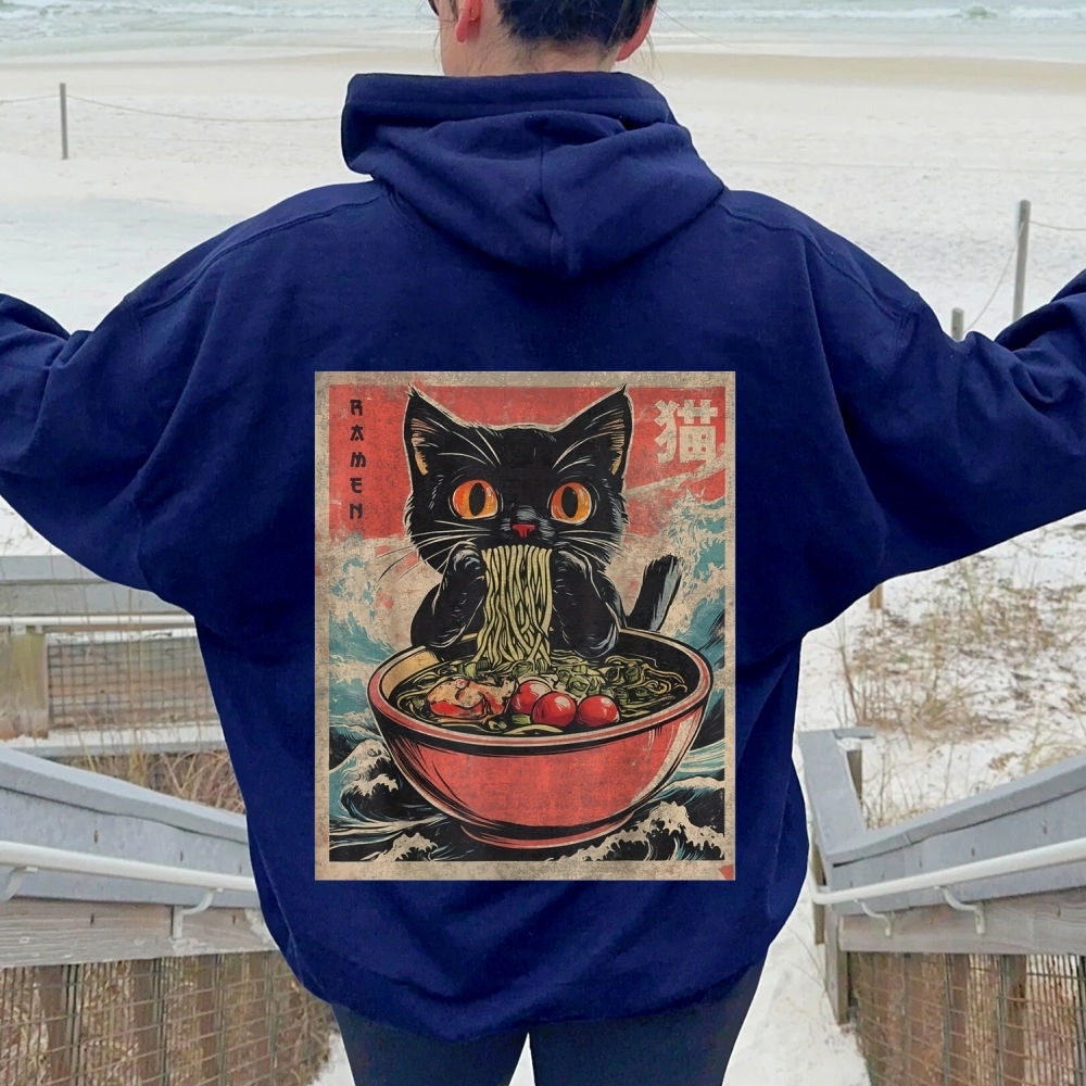 Ramen Cat Printed Back Cotton Hoodie
