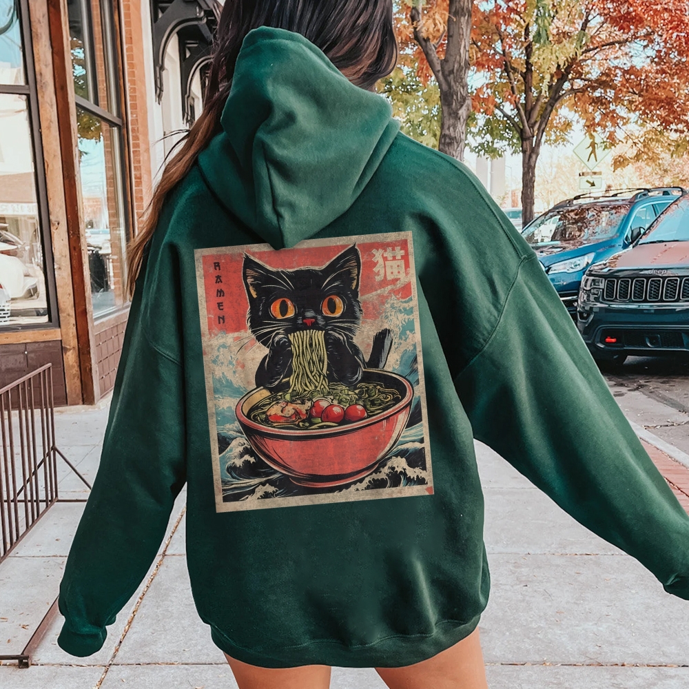 Ramen Cat Printed Back Cotton Hoodie