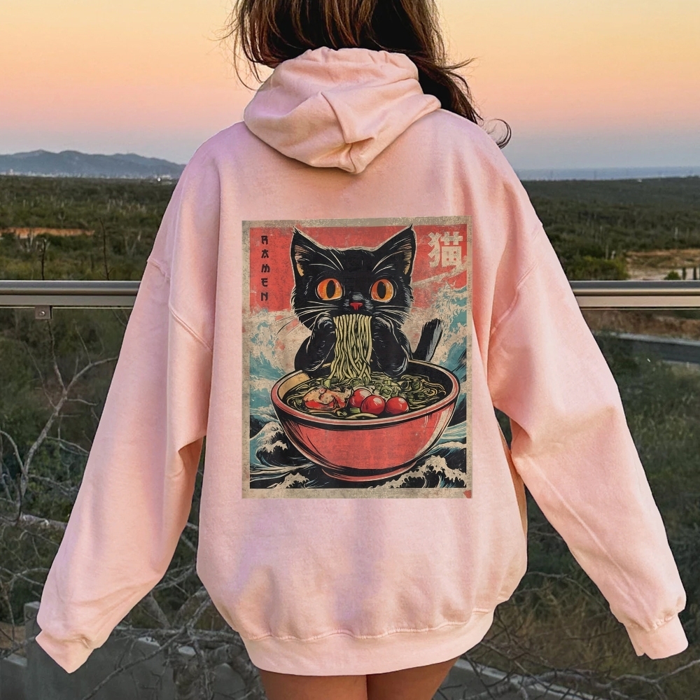 Ramen Cat Printed Back Cotton Hoodie