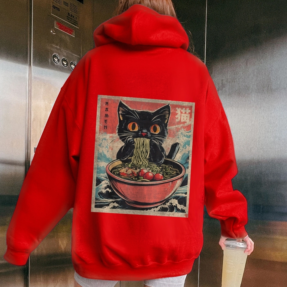 Ramen Cat Printed Back Cotton Hoodie