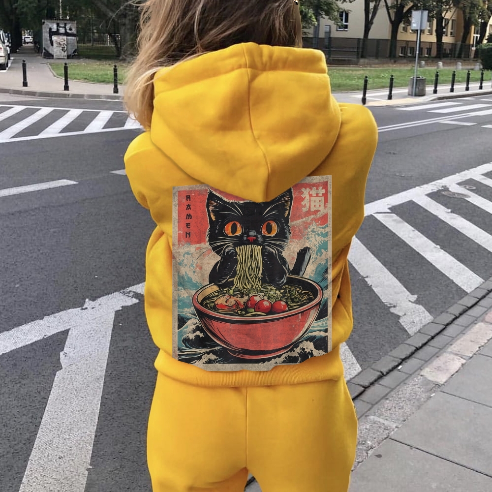 Ramen Cat Printed Back Cotton Hoodie