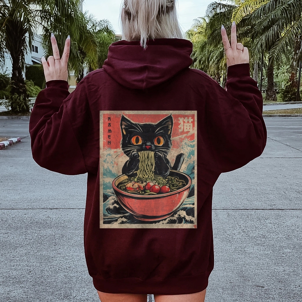 Ramen Cat Printed Back Cotton Hoodie