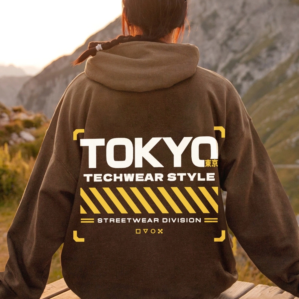 Tokyo Techwear Style Printed Back Cotton Hoodie