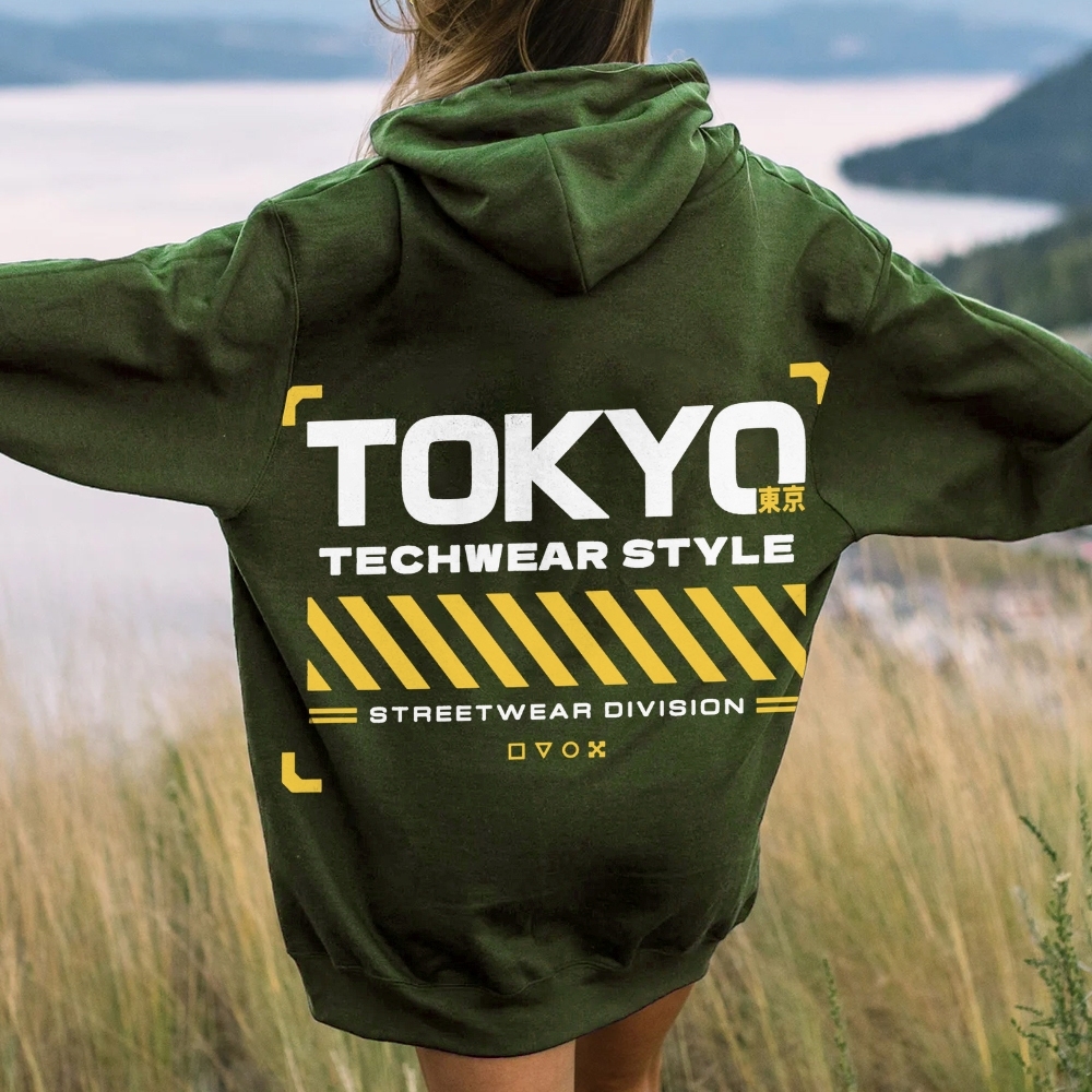 Tokyo Techwear Style Printed Back Cotton Hoodie