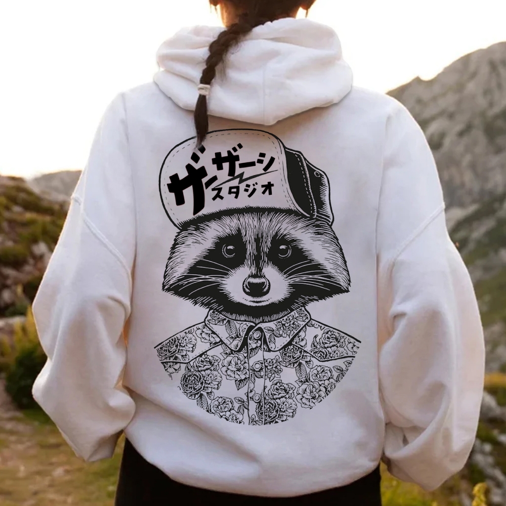 Street Style Raccoon Printed Back Cotton Hoodie