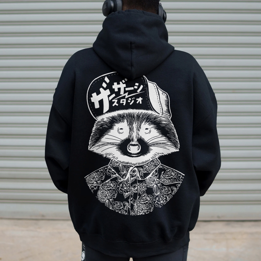 Street Style Raccoon Printed Back Cotton Hoodie