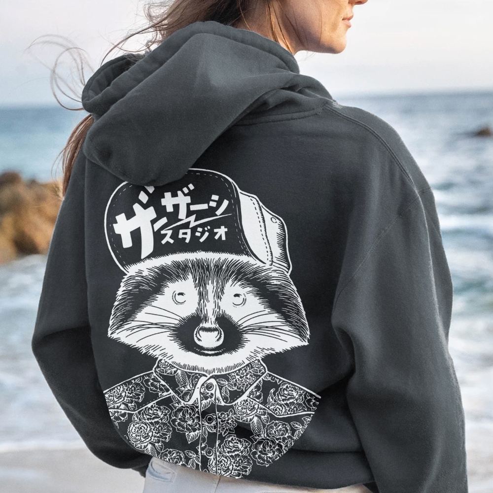 Street Style Raccoon Printed Back Cotton Hoodie
