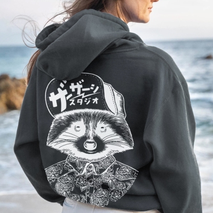 Street Style Raccoon Printed Back Cotton Hoodie