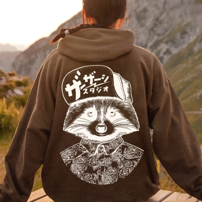 Street Style Raccoon Printed Back Cotton Hoodie