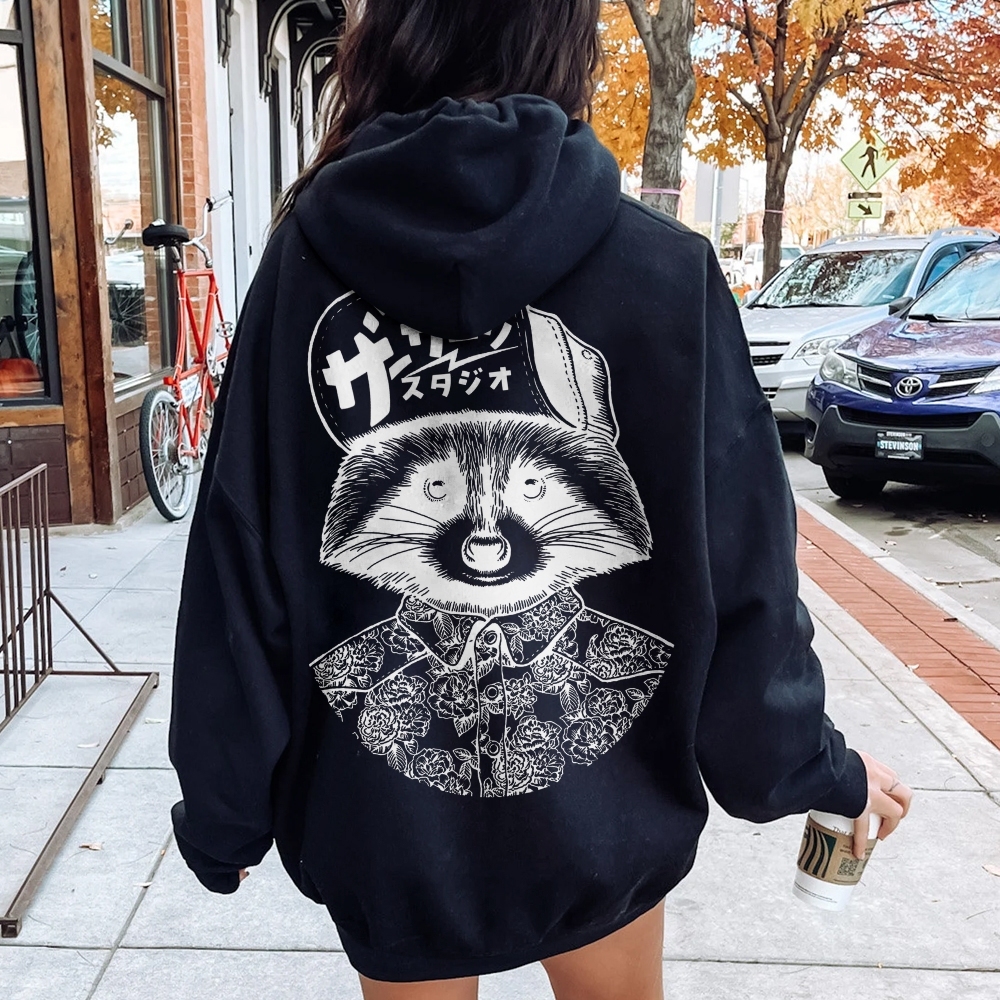 Street Style Raccoon Printed Back Cotton Hoodie