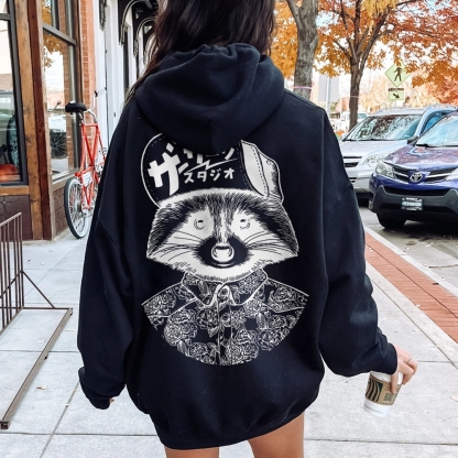 Street Style Raccoon Printed Back Cotton Hoodie
