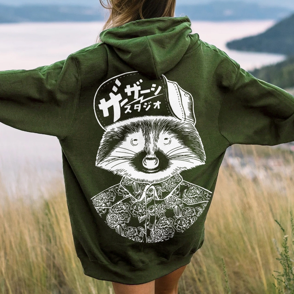 Street Style Raccoon Printed Back Cotton Hoodie