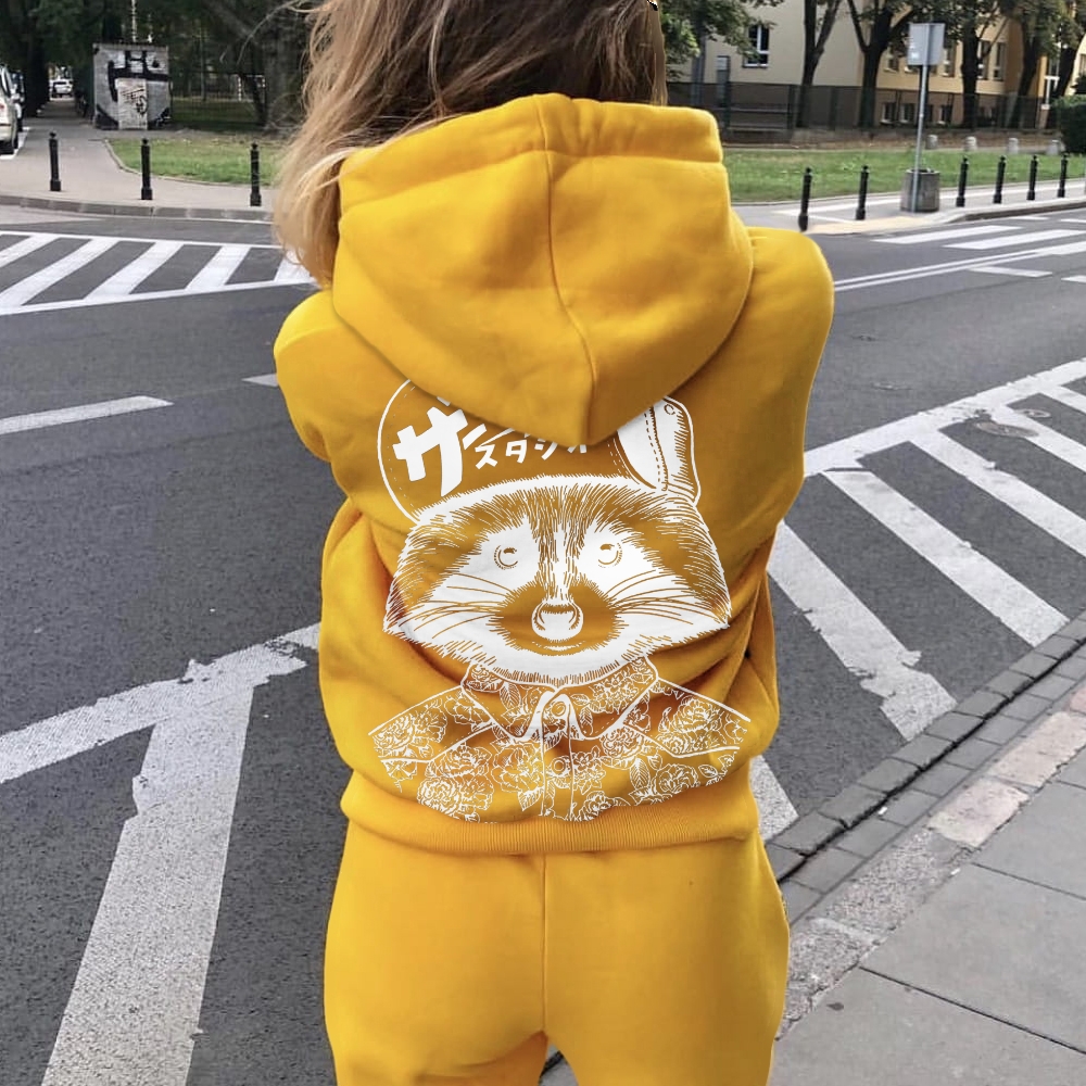 Street Style Raccoon Printed Back Cotton Hoodie