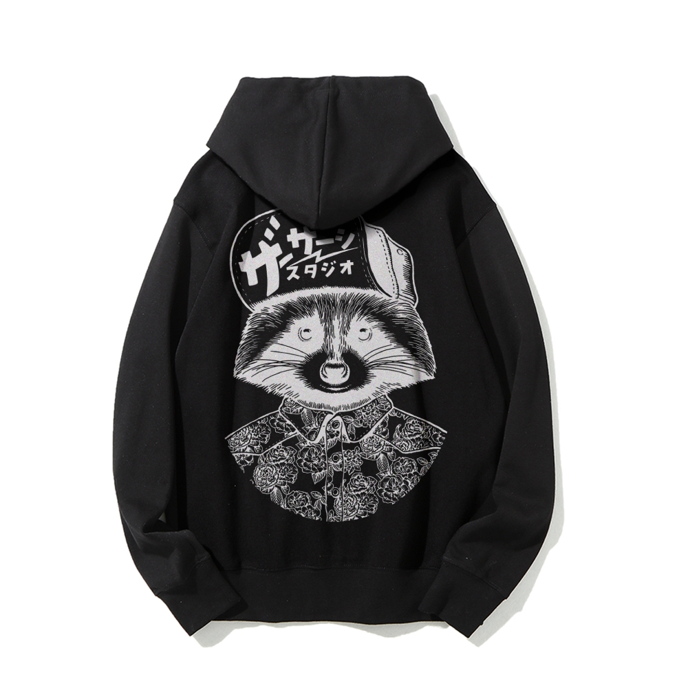 Street Style Raccoon Printed Back Cotton Hoodie