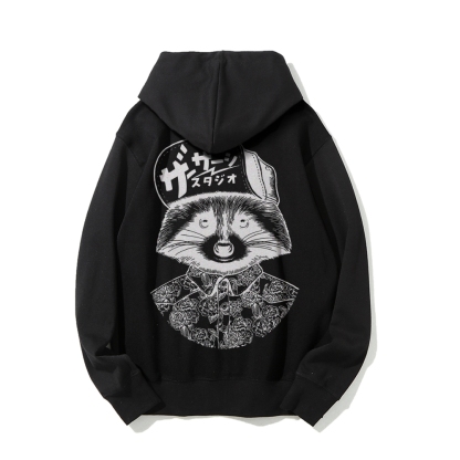 Street Style Raccoon Printed Back Cotton Hoodie