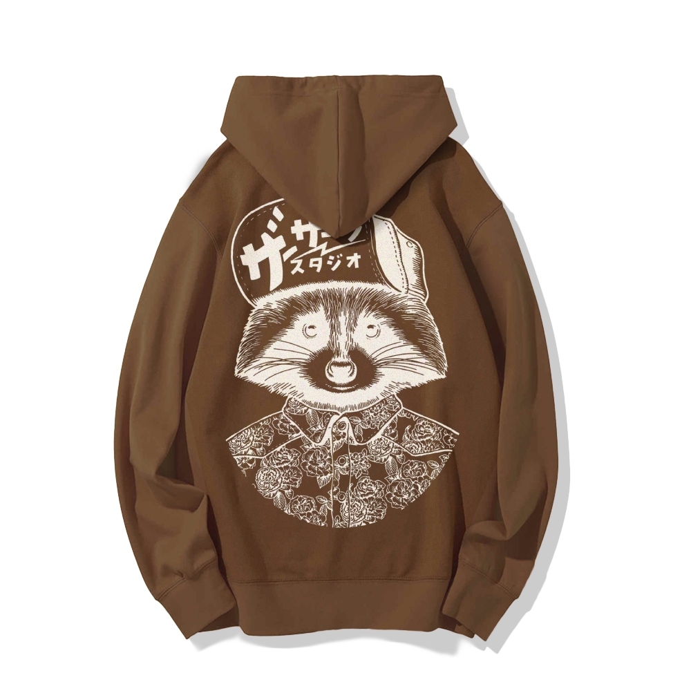 Street Style Raccoon Printed Back Cotton Hoodie