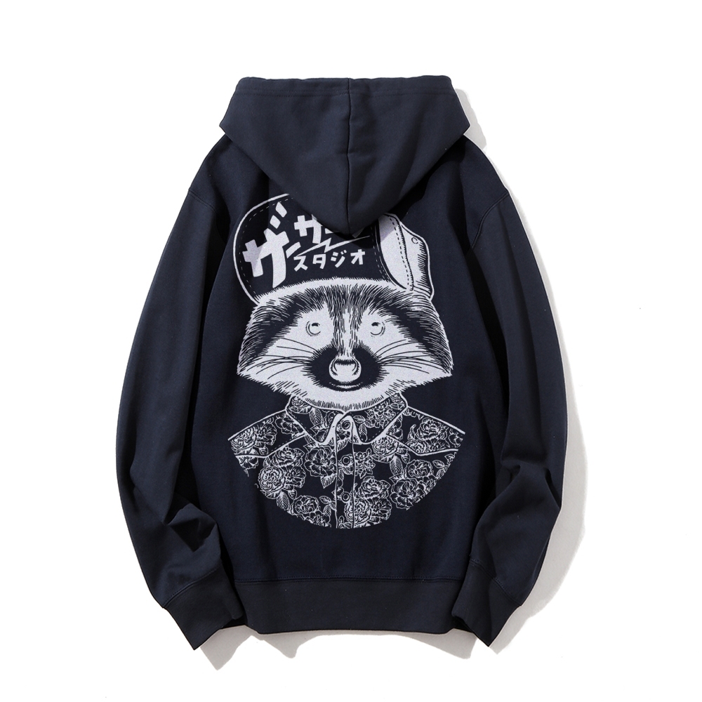 Street Style Raccoon Printed Back Cotton Hoodie