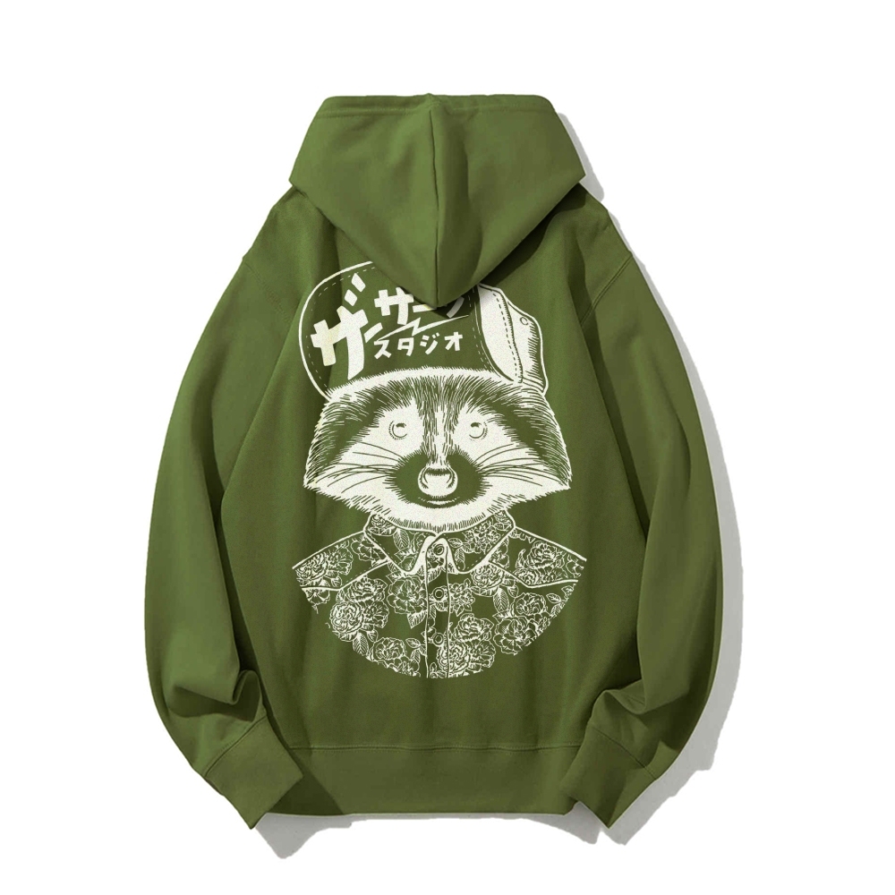 Street Style Raccoon Printed Back Cotton Hoodie