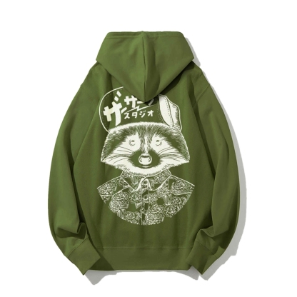 Street Style Raccoon Printed Back Cotton Hoodie