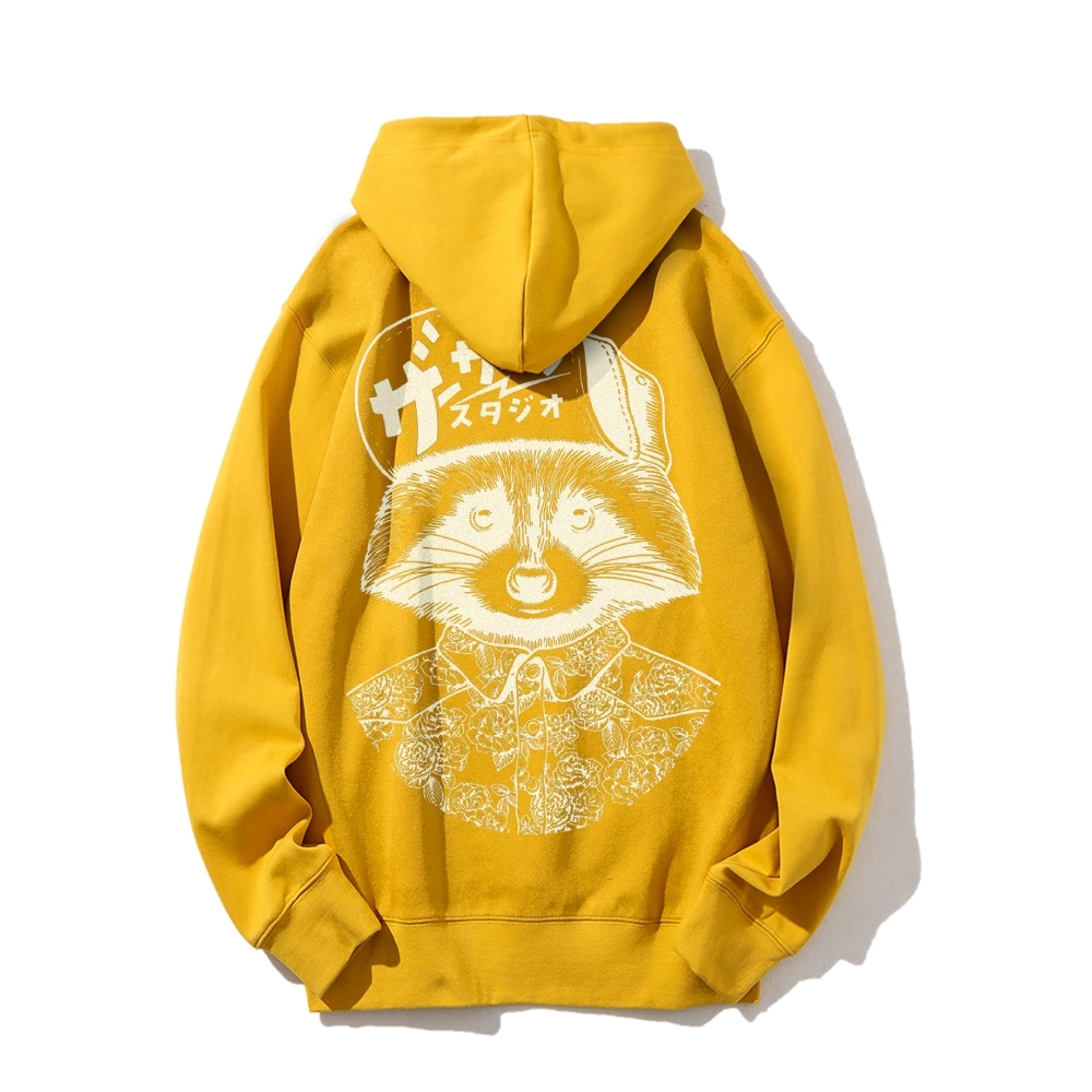 Street Style Raccoon Printed Back Cotton Hoodie