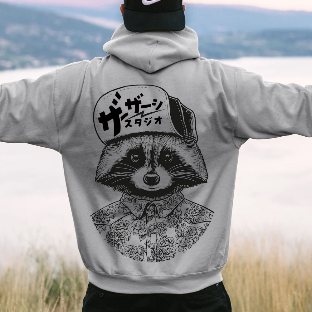 Street Style Raccoon Printed Back Cotton Hoodie