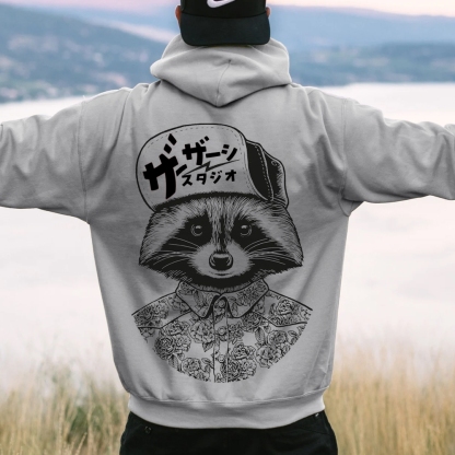 Street Style Raccoon Printed Back Cotton Hoodie