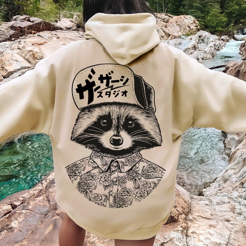 Street Style Raccoon Printed Back Cotton Hoodie