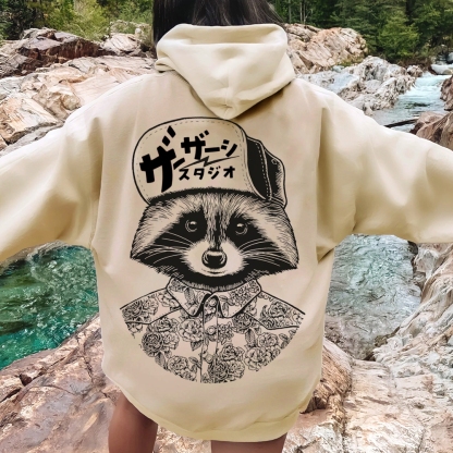 Street Style Raccoon Printed Back Cotton Hoodie