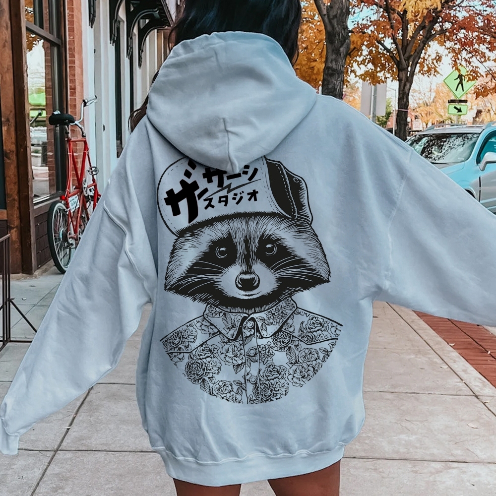 Street Style Raccoon Printed Back Cotton Hoodie