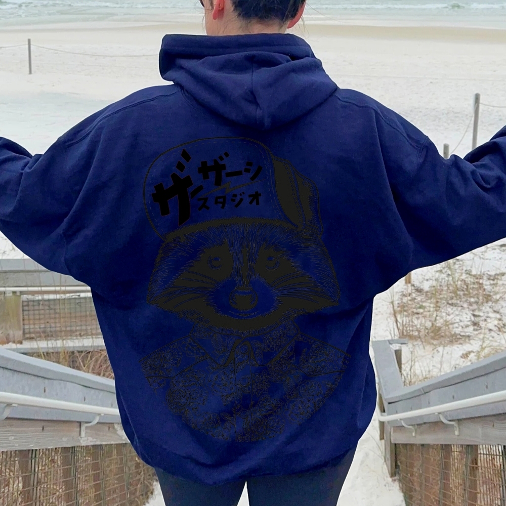 Street Style Raccoon Printed Back Cotton Hoodie
