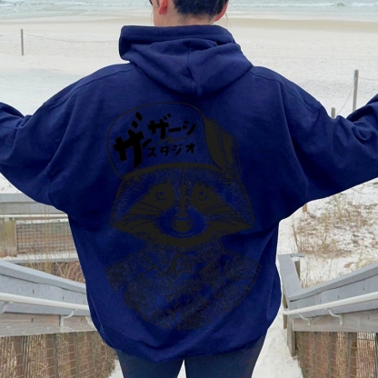 Street Style Raccoon Printed Back Cotton Hoodie
