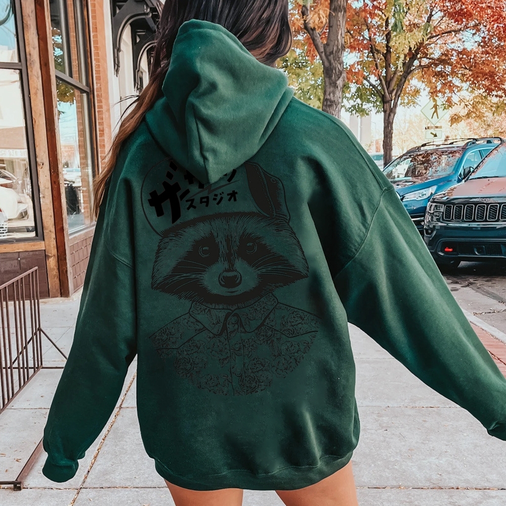 Street Style Raccoon Printed Back Cotton Hoodie