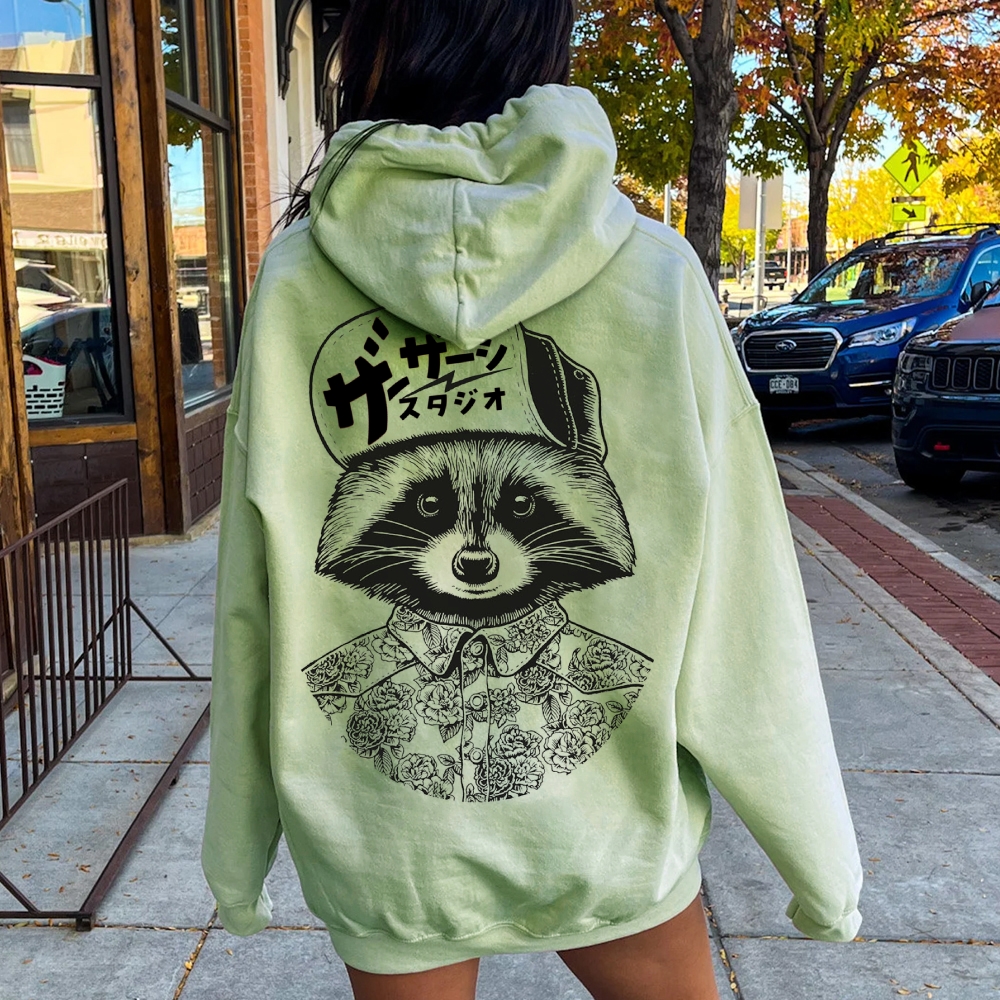 Street Style Raccoon Printed Back Cotton Hoodie