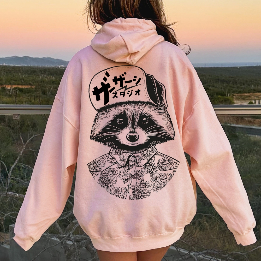Street Style Raccoon Printed Back Cotton Hoodie