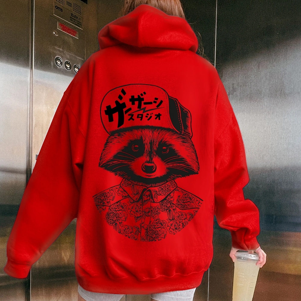Street Style Raccoon Printed Back Cotton Hoodie