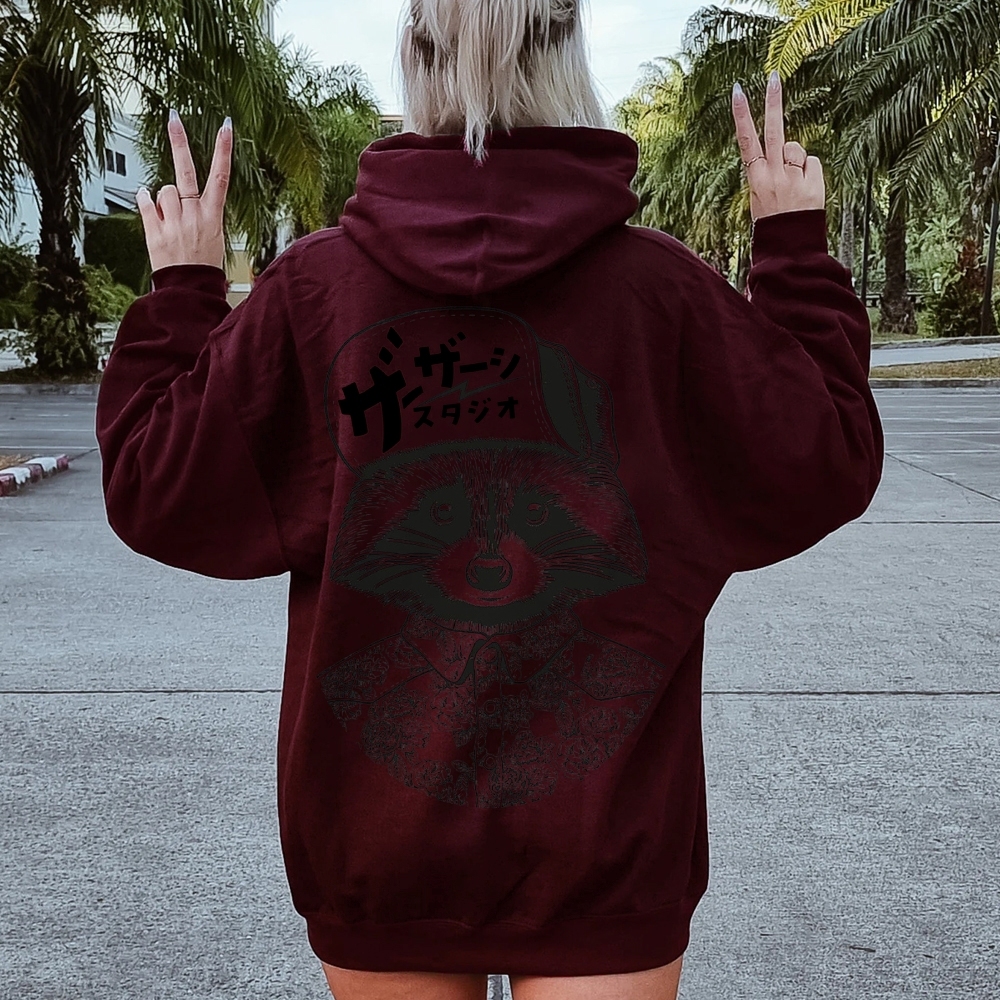 Street Style Raccoon Printed Back Cotton Hoodie